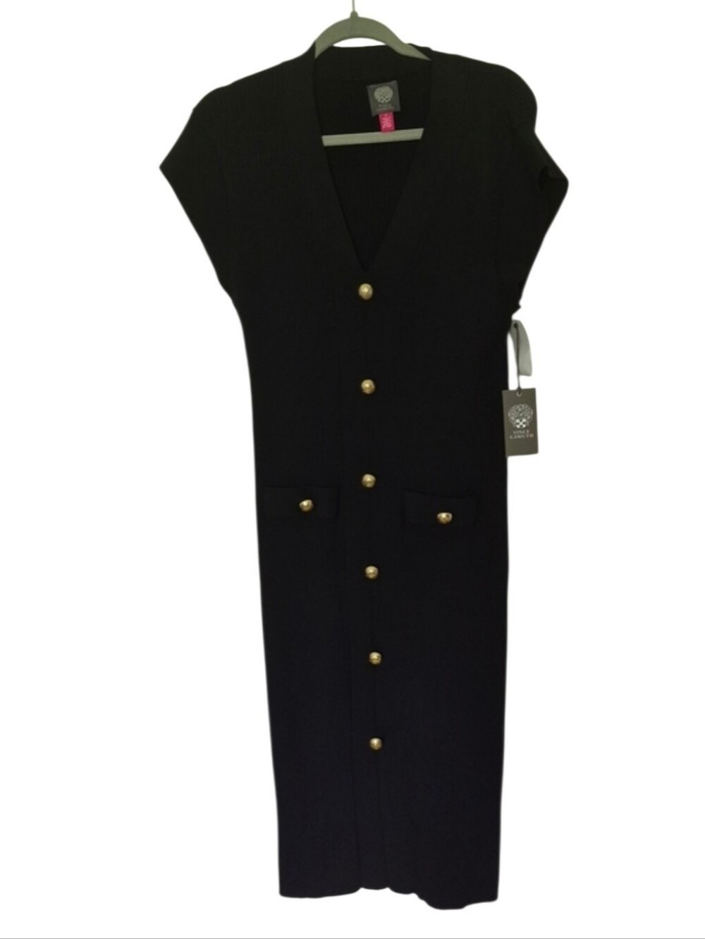 NWT Vince Camuto Size XL Black Ribbed Sweater Dress Gold Buttons Stretchy
